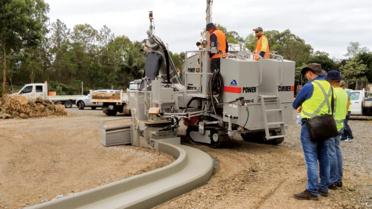 Power Curber 5700-C forming a curved curb demo with GPS stringless controls