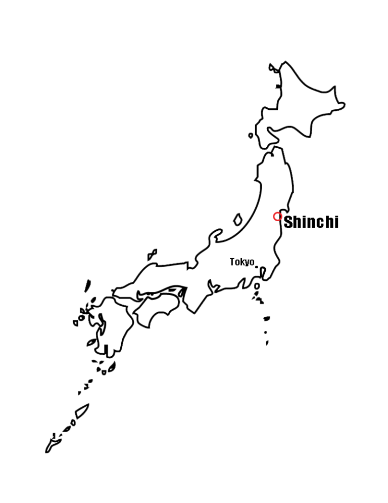 Simple map of Japan marking the location of Shinchi near Tokyo
