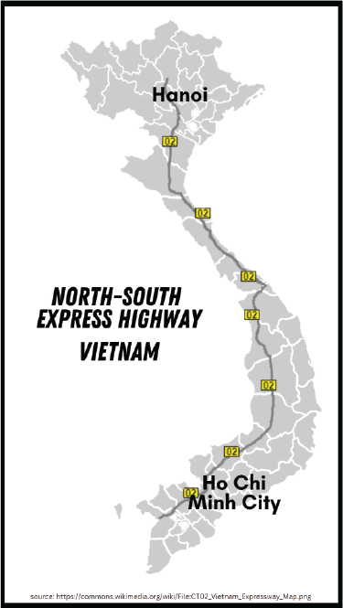 Map of Vietnam showing the North-South Express Highway route from Hanoi to Ho Chi Minh City