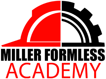 Miller Formless Academy logo featuring a red and black hard hat with a gear design.