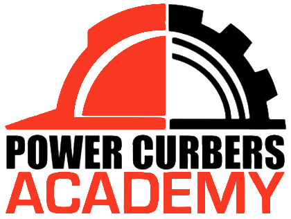 Power Curbers Academy logo featuring a red and black hard hat with a gear design.