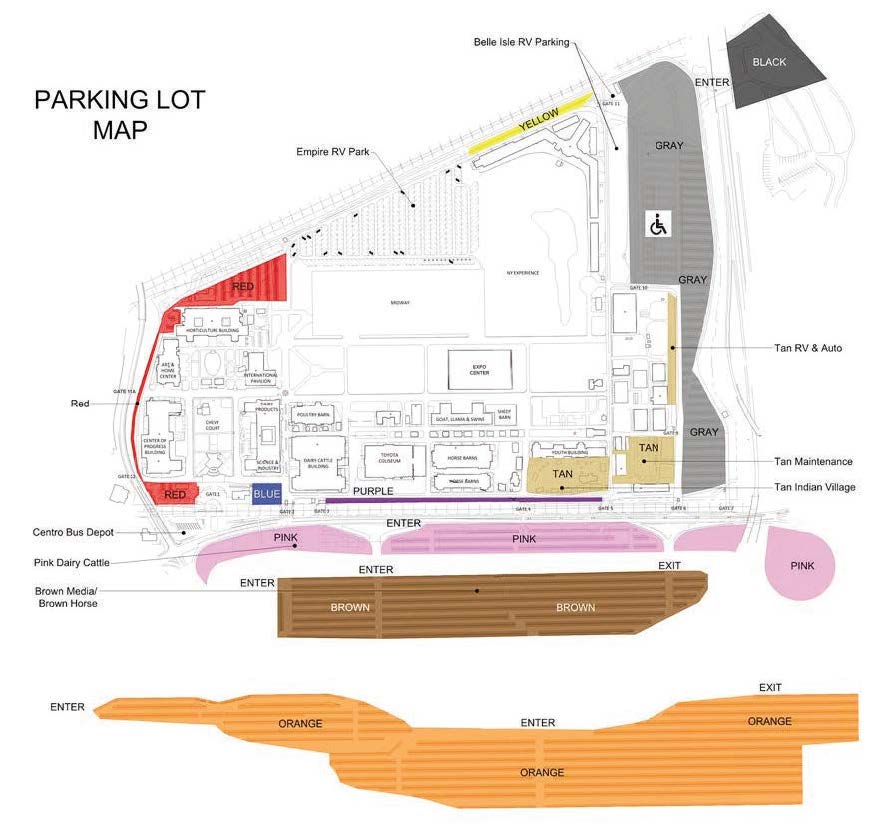 Color-coded parking lot map showing numbered gates and lettered parking zones for a fairgrounds-style event.