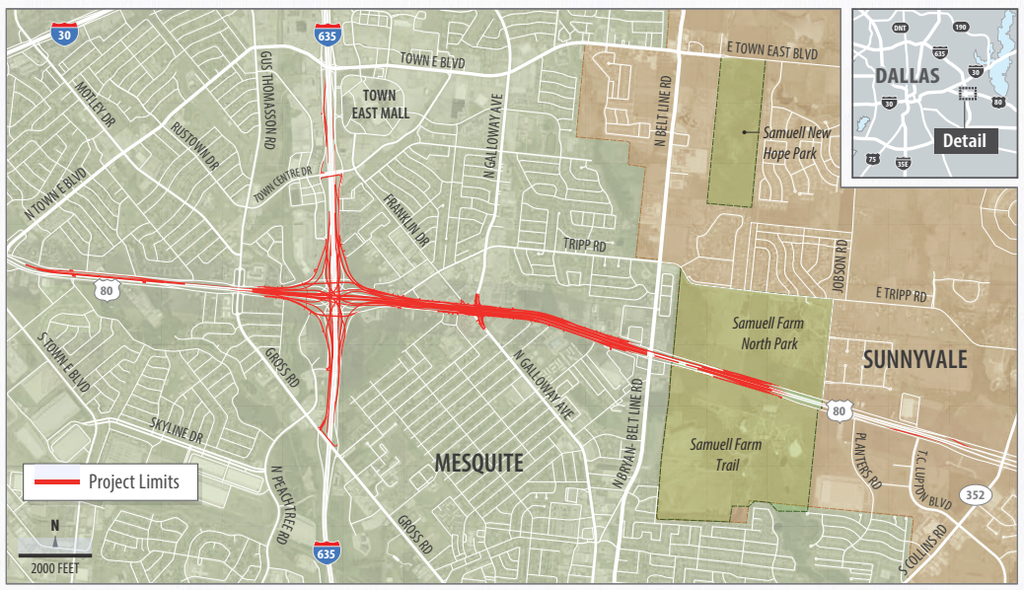 Map of the reconstruction and upgrades of Interstate 635 and U.S. Highway 80 interchange in Mesquite, Texas